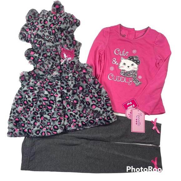 NWT Nannette Faux Fur Hoodie Vest With Pink LS Top And Leggings Size 4